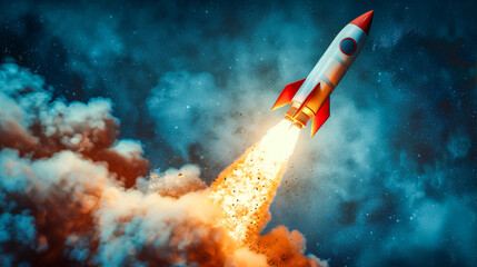Retro rocket launching into space with fiery exhaust and starry background