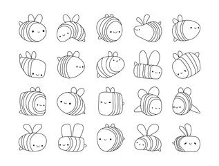 Cute cartoon bee characters. Coloring Page. Honeybee with a smiling face. Hand drawn style. Vector drawing. Collection of design elements.