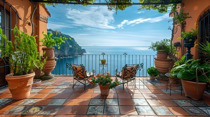 Fototapeta premium Tranquil Mediterranean Terrace with Picturesque Sea View and Wrought Iron Furnishings Offering a Scenic Outdoor Oasis for Relaxation and Enjoyment