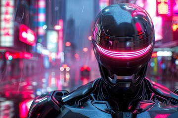 An advanced robotic police officer patrolling through a brightly illuminated metropolis