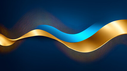 Abstract background composed of blue and gold wave patterns, watercolor and modern art, used for product display, high-end luxury goods, with a design and silk like curve