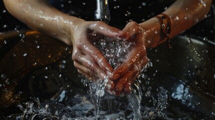 Woman holding hands under cold water tap hyper realistic 