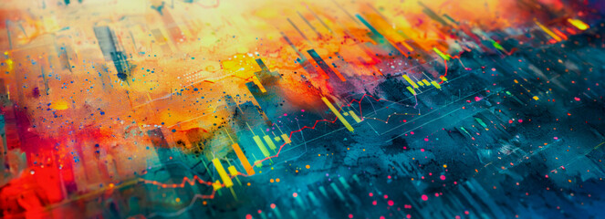 A colorful painting of a city skyline with a lot of dots and lines