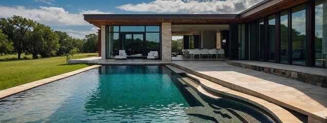 Fototapeta premium A large, modern home with an expansive pool and patio area in the Texas countryside, The house has multiple levels of windows overlooking the beautiful blue sky and green grass