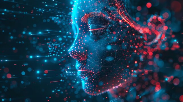 AI concept in cyberspace, birdseye, with a holographic human interface, vibrant, tech revolution