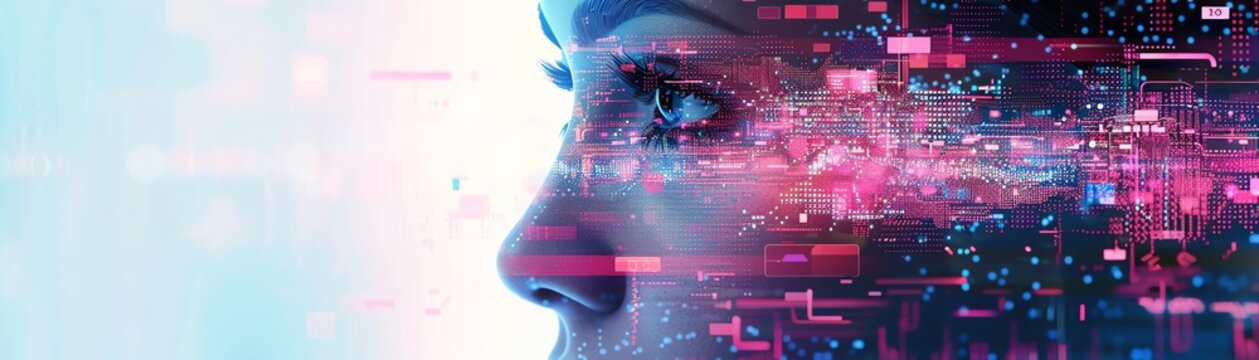 AI neural portrait, wideangle, networks weaving, sharp focus, in a dreamy pink and blue realm