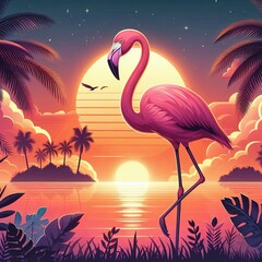Fototapeta premium A pink flamingo stands in the water at sunset
