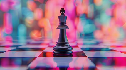 King chess piece on a reflective surface with a colorful bokeh background