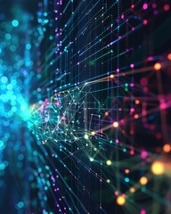 Fototapeta premium 3D infographic network, eyelevel, in a spectrum of digital colors, dynamic angle, social data complexity