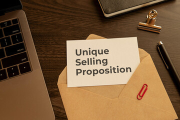 There is word card with the word Unique Selling Proposition. It is as an eye-catching image.