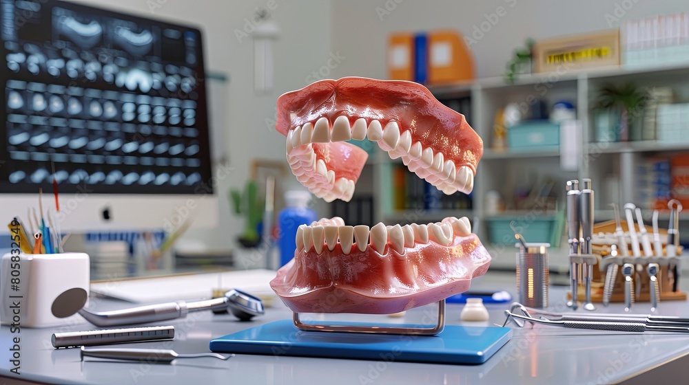 Poster a detailed 3d model of teeth with diagnostic data displayed on a desk, suitable for educational purp