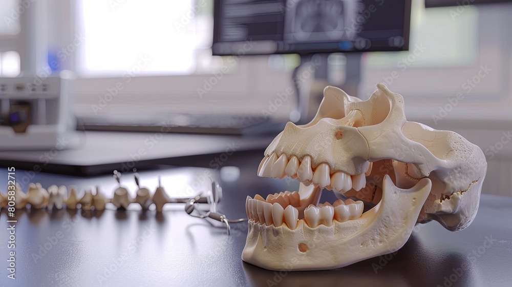 Poster a precise 3d model of a human skull displaying detailed teeth structure. ideal for educational purpo