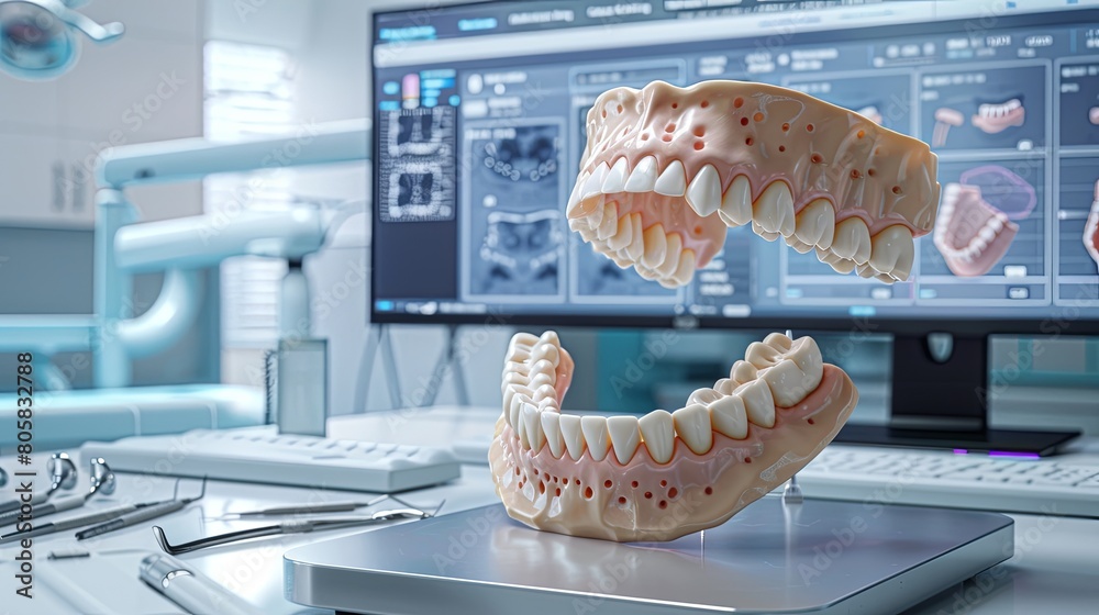 Poster A 3D model of a human mouth placed on top of a laptop computer screen. The laptop shows a background with a 3D model of the jaw and diagnostic data. Generative AI