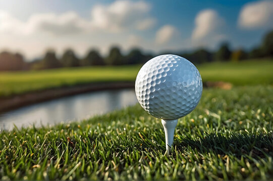 Extreme Close Up Golf Ball On Tee Bokeh Course Lake Tree Line Background