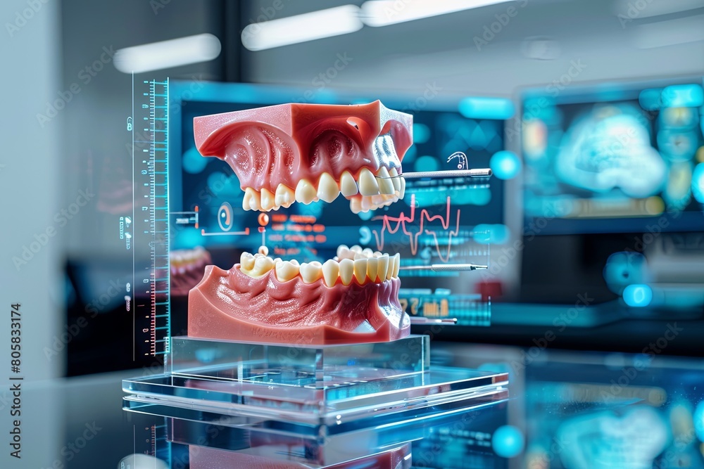 Fototapete A detailed 3D model of a human mouth is displayed with a computer screen in the background showing diagnostic data. Ideal for dental educational materials and presentations. Generative AI