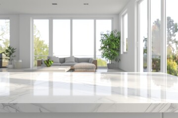 Naklejka premium Direct view of an empty countertop, modern, white kitchen