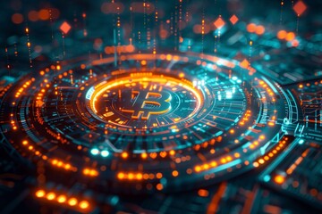 Futuristic Bitcoin in a secure interface with stock updates displayed in vibrant orange and teal colors, creating a high-tech feel through a wide lens viewpoint.