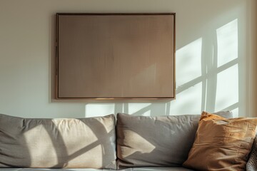 brown canvas art on a wall, wooden frame for the canvas, English modern interior