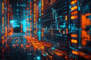 Immersive Bitcoin virtual reality experience with advanced security features, dynamic stock market updates displayed in striking colors, cutting-edge design, panoramic view, energetic atmosphere