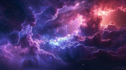 Abstract starry purple sky with shining stardust and nebulae, galaxy and planets background