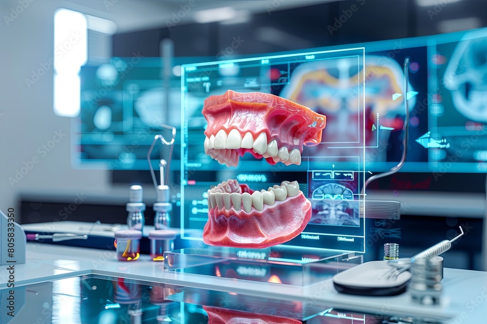 Fototapete A 3D model of a jaw with teeth is displayed in front of a computer screen, showing diagnostic data. Ideal for dental school education and medical conferences. Generative AI