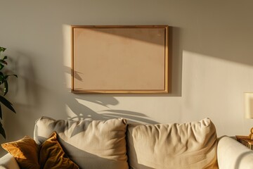 brown canvas art on a wall, wooden frame for the canvas, English modern interior