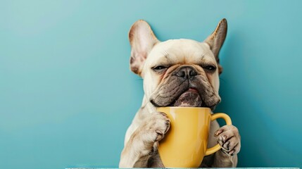French bulldog holding a yellow mug on a blue background