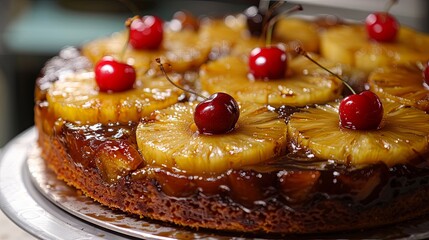 Close-up of homemade pineapple upside-down cake with cherries