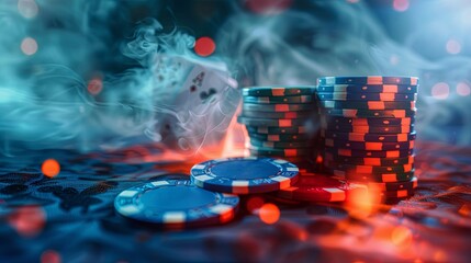 Mysterious casino atmosphere with poker chips and playing cards