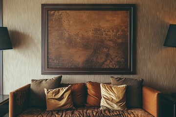brown canvas art on a wall, wooden frame for the canvas, English modern interior