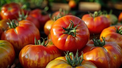 Beautiful red ripe heirloom tomatoes grown in a greenhouse. Generative Ai