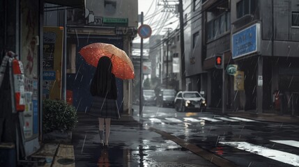 anime girl with red and bluish shaded eye with blonde red long and pretty hair abstract anime girl standing in the rain with umbrella . cuteness and beauty is overloaded very awesome anime girls