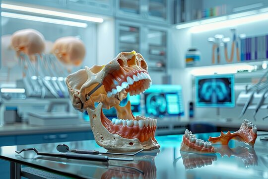 A 3D model of a dinosaurs teeth displayed in a laboratory setting with diagnostic data for educational purposes. Generative AI