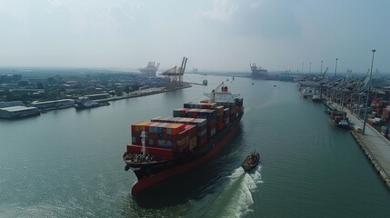Fototapeta premium Cargo Ship Approaching Port with Tugboat Assistance