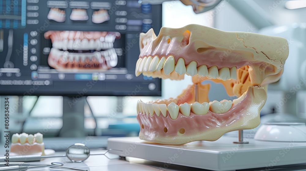 Poster a detailed model of a dinosaurs teeth displayed on a table, showcasing the structure and size of the
