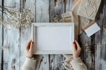 Top view of two hands holding blank white paper frame on old wooden background for mockup