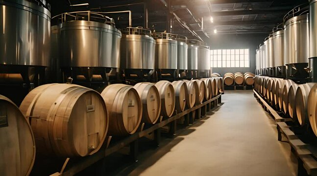 Steel Barrels and the Fermentation Process in a Winery
