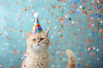Exotic Shorthair cute cat wearing a colorful party hat, surrounded by vibrant flying confetti on a light blue background.
