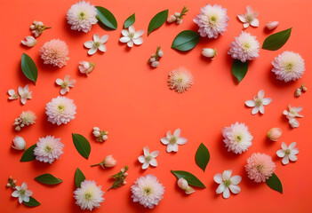 Fototapeta premium A top view of colorful spring flower blossoms against a coral colored background