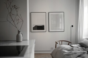 Modern minimalist bedroom on the white background, interior design room tour.