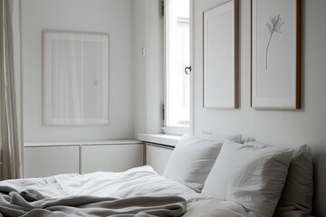 Modern minimalist bedroom on the white background, interior design room tour.