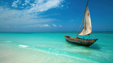 small local old wooden fishing boat in clear blue water near the sandy beach at sunset in summer. Sailing boat on the shore. Travel in Zanzibar, Africa. Landscape with boat, sea. Seascape