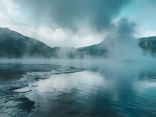 Geothermal Hot Springs Shrouded in Misty Haze Rugged Mountainous Landscape Backdrop