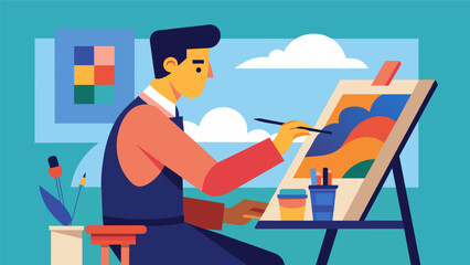 In the artists studio the stoic craftsman diligently mixes colors and strokes his brush across the canvas creating a masterpiece with patience and. Vector illustration