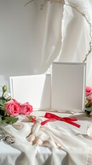 The postcards were placed on a table with a white tablecloth. The table was decorated with pink roses and red bow.