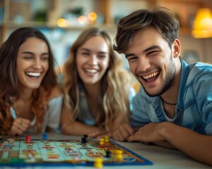 Fototapeta premium Joyful Group of Friends Enjoying a Fun Filled Board Game Night Together