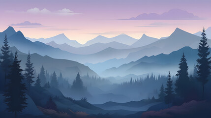 veiled in morning mist, ethereal pine forest blanketed in dawn's glow, mountains lost in fog