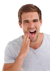 Toothache, pain and man with dental crisis, health and tooth decay with problem on white...