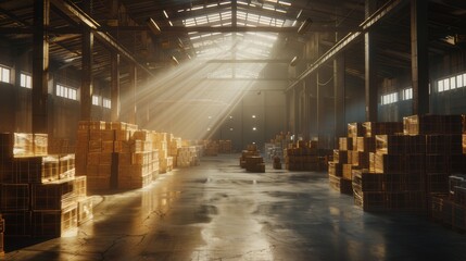 Huge warehouse with pallets full of cardboard boxes and cartage.  - obrazy, fototapety, plakaty