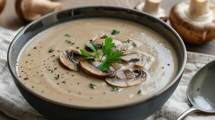 Autumn soup in minimal style. Creamy mushroom soup in bowl in modern concept . Generative Ai